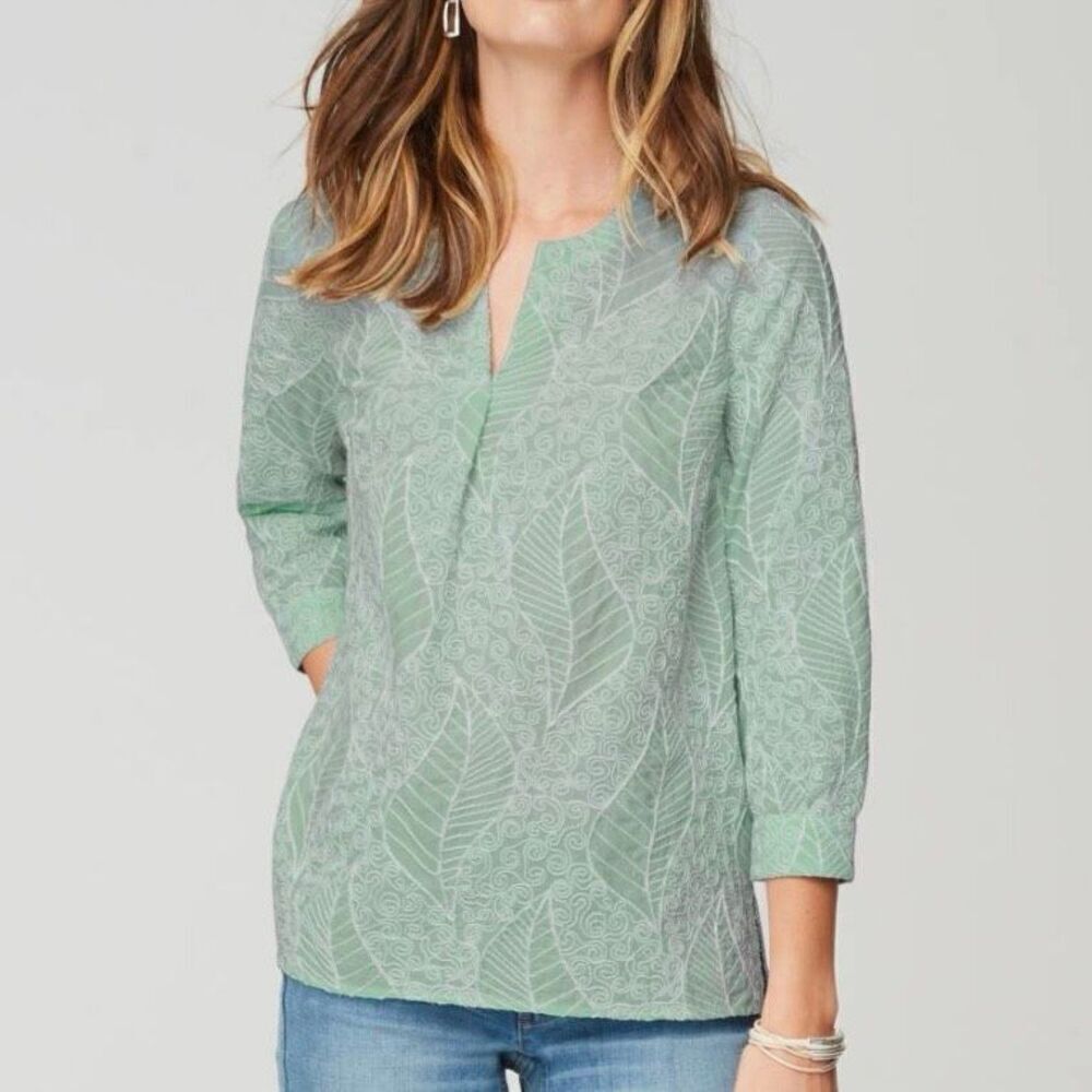 J. Jill Mint Leaf-Print Split V Tunic Blouse